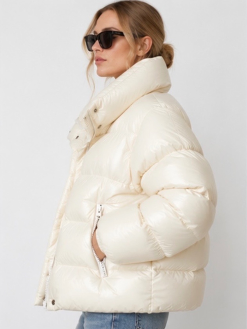 H&M Premium Down Feather Puffer Jacket Cream Ivory S Oversized Boxy Coat